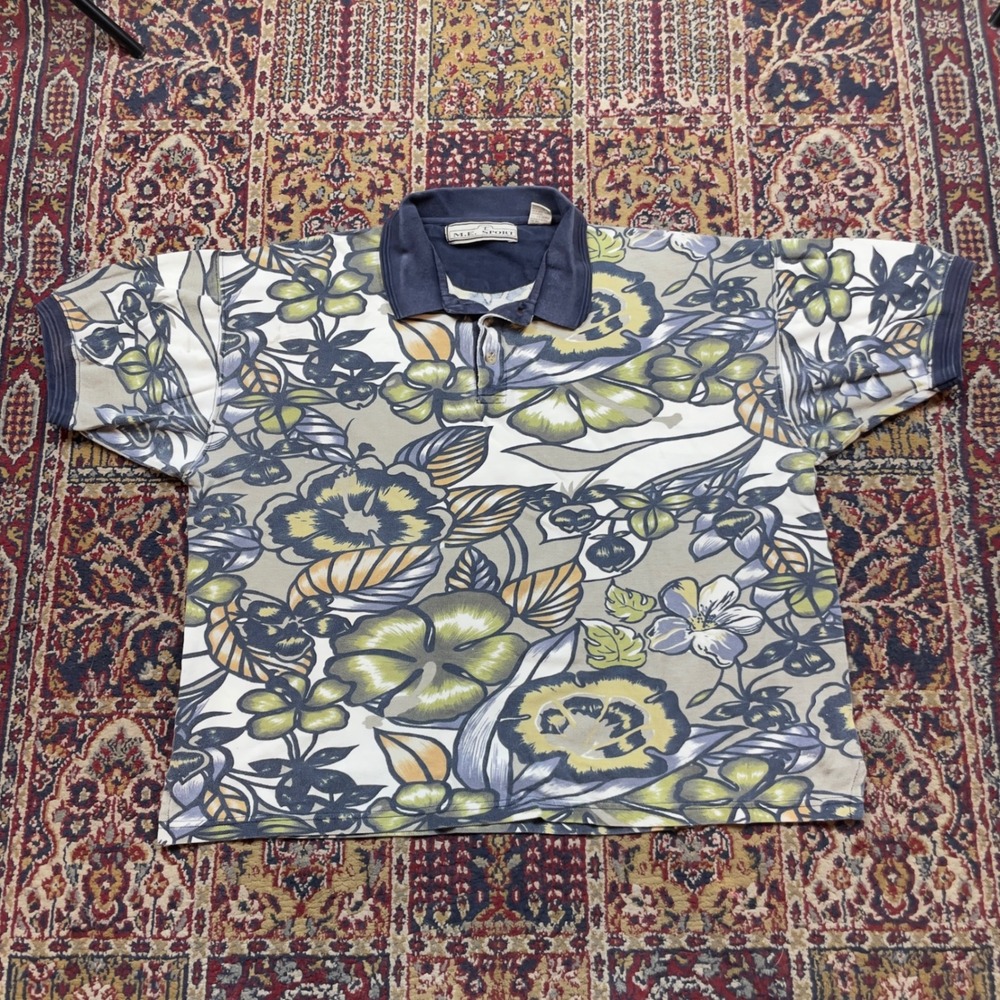 VTG 80s 90s M.E. Sport‎ XL Floral Polo Shirt Tropical Cotton Pique Navy Olive